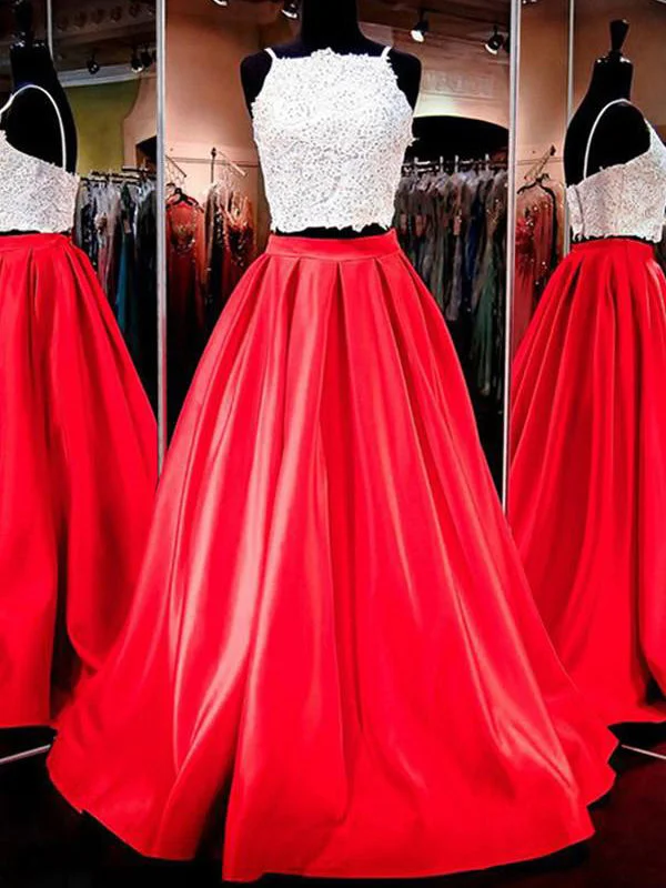 Midnight Madness Two Piece Prom Dresses Spaghetti Straps A Line Satin Long Sexy Red Prom Dress JKS295