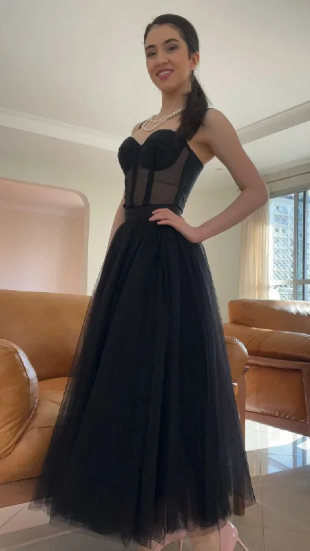 Hurry In cocktail dressClassy A-line Straps Black Tulle Prom Dress,Black Formal Gown Y1070