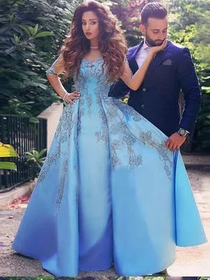 Price Meltdown Chic Prom Dresses A-line V-neck Half Sleeve Appliques Blue Long Prom Dress JKL1183