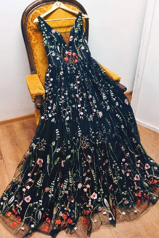 Fantastic Offers A-line V neck Black Boho Long  Formal Dresses Unique Floral Formal Evening Gowns JKG041