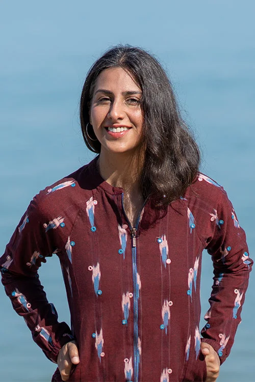 Steals and Deals fashion coat with hoodOkhai 'Mahogany' Handwoven Cotton Ikat Hand Embroidered Bomber Jacket