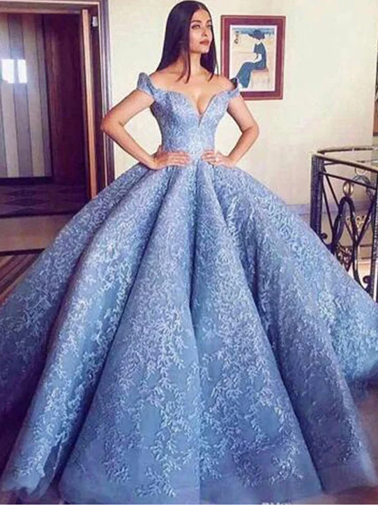 Price Rollback Ball Gown Prom Dresses Off-the-shoulder Fashion Sky Blue Big Prom Dress Luxury Evening Dress JKL1484