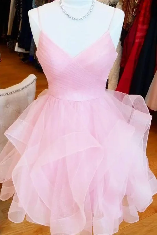 pleated maxi dressshort pink A-line homecoming dress birthday dress with ruffled skirt Y1715