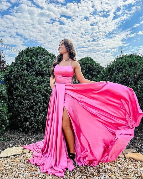 casual shift dressCute A Line Scoop Neck Hot Pink Long Prom Dresses Y1626