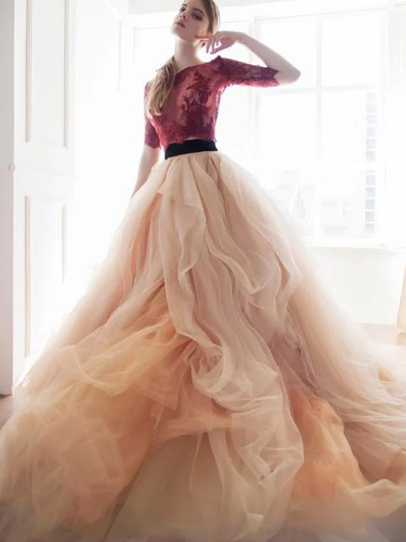 The Best Prices Two Pieces Blush Pink Wedding Dress Half Sleeve Burgundy Lace Bridal Gowns Wedding Gowns NAY017