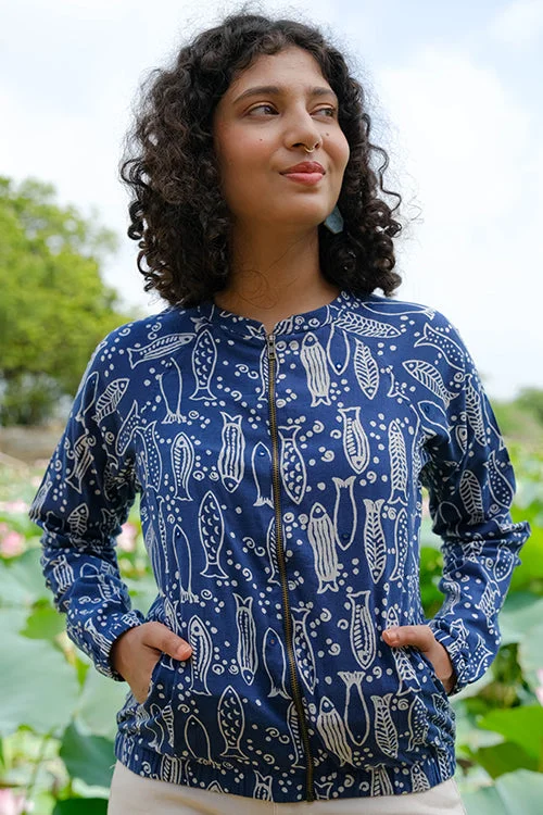 Fantastic Offers long-sleeve coatOkhai "Freshwater Medley" Mirrorwork Handblock Printed Pure Cotton Bomber Jacket