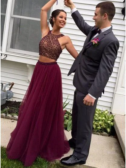 Online Only Two Piece Prom Dresses Scoop Floor-length Long Beading Prom Dress Sexy Evening Dress JKS291
