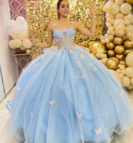 Loyalty Reward casual day dressFairy Dress,Blue Sleeveless Ball Gown With Pink Butterflies Y1387