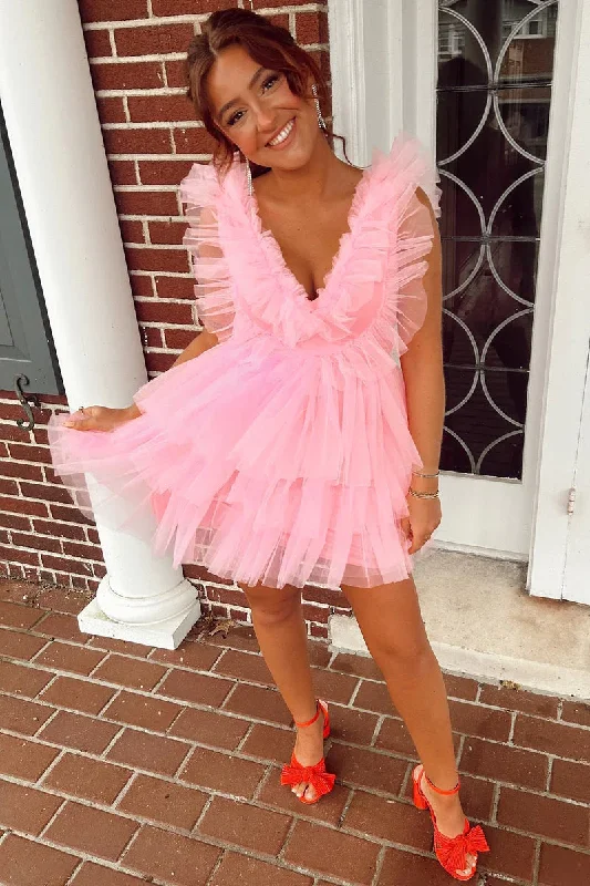 sleeveless dressCute Pink Ruffled Tiered Tulle Short Homecoming Dress Y1995