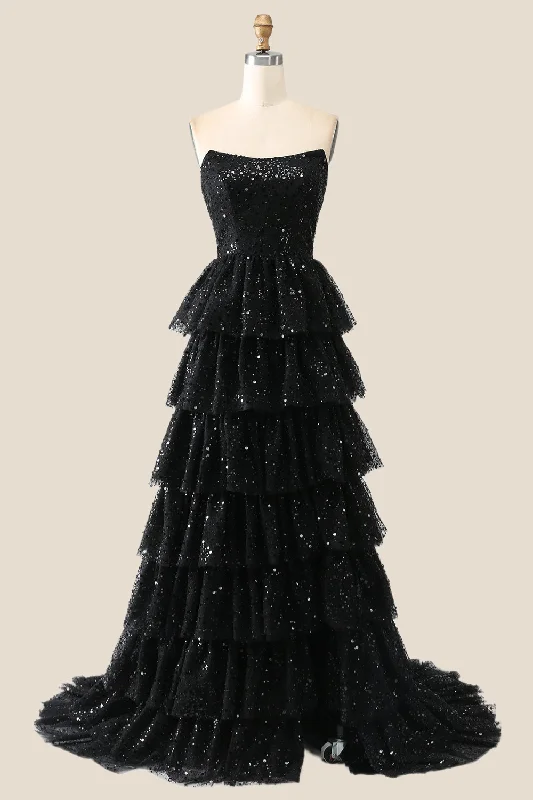 Special Discount evening dressBlack Sparkle Tulle Tiered Ruffles Gown