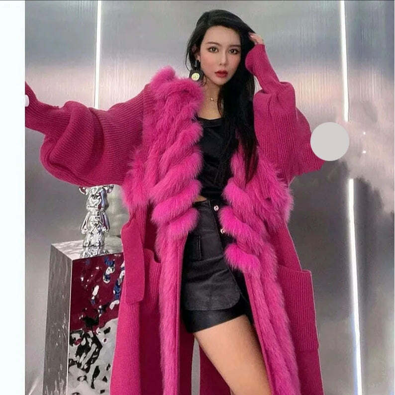 stylish blazer coat2023 New Arrival Plus Size Women Knitted Fox Fur Long Coat Long Sleeve 5XL Knitted Sweater With Big Fox Fur collar