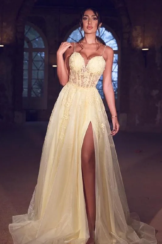 Now or Never Sexy Tulle Spaghetti Straps Yellow  Prom Dress Lace Long With Split