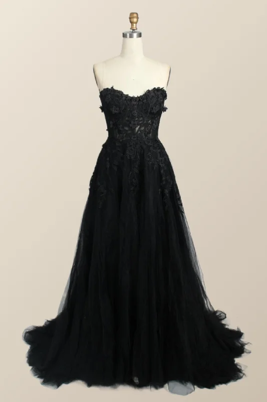 Great Bargains stylish dressBlack Floral Embroidery Strapless A-line Formal Dress