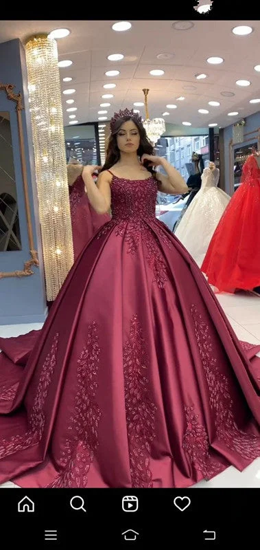 trendy bodycon dressBurgundy Spaghetti Straps Satin Ball Gown A-line Prom Gown  Y1620