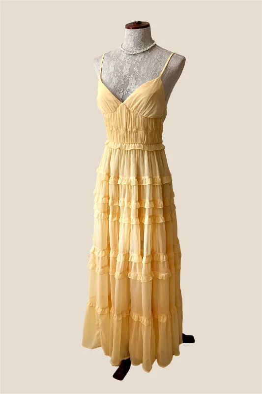 Super Sale structured dressV-neck Yellow Ruffle Ruched Long Chiffon Dress