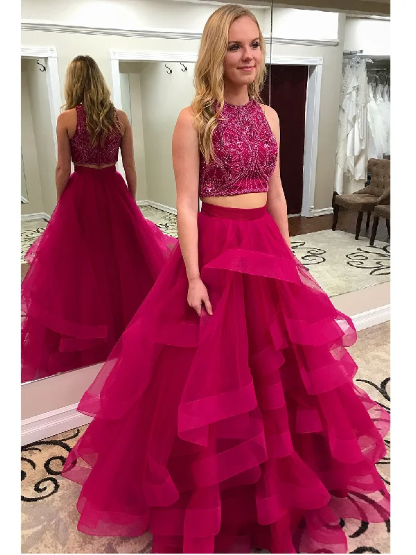 Amazing Deals Two Piece Prom Dresses Scoop Beading Sexy Rhinestone Long Chic Prom Dress JKL812