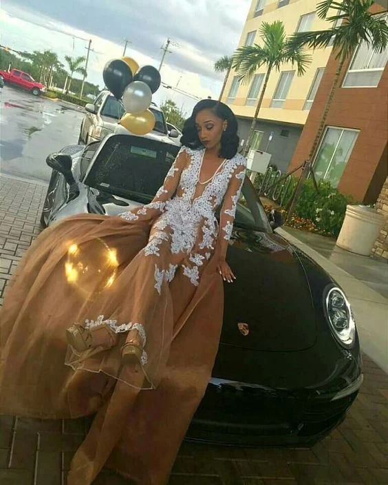 Super Sale casual midi dressChampagne Mermaid Prom Dresses Sexy Deep V Neck White Appliques Black Girl African Girl Prom Gowns Evening Formal Dresses Y1379