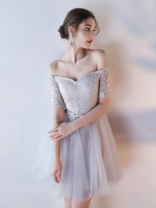 Doorbuster Deal Homecoming Dress Silver Short Sleeve Lace Short Prom Dress Party Dress JK194