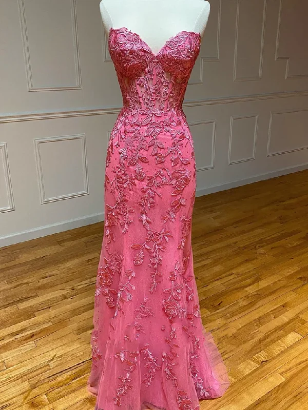 draped dressSweetheart Neck Pink Mermaid Lace Prom Dresses, Pink Mermaid Lace Formal Graduation Dresses Y1549