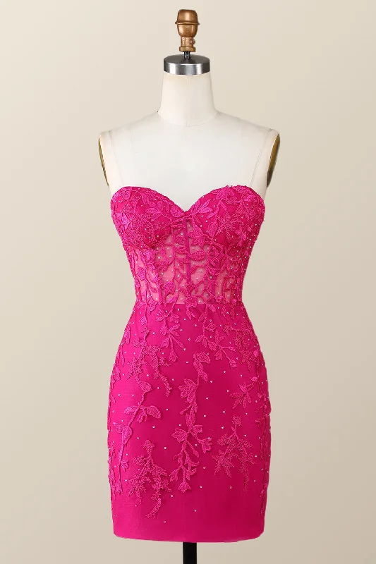 Exclusive Deal denim dressHot Pink Lace Appliques Tight Mini Dress
