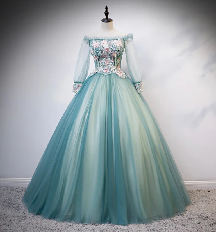 Lowest Price lace-up dressGreen tulle lace long ball gown dress formal dress s107