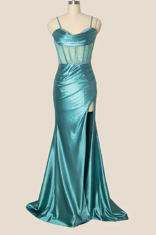 Value Deals ruched dressLight Teal Beaded Sheer Mermaid Long Dress