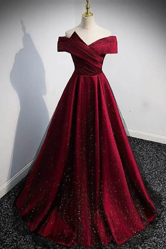 stylish party dressBurgundy Off the Shoulder Prom Dress, A-Line Evening Party Dress Y1665