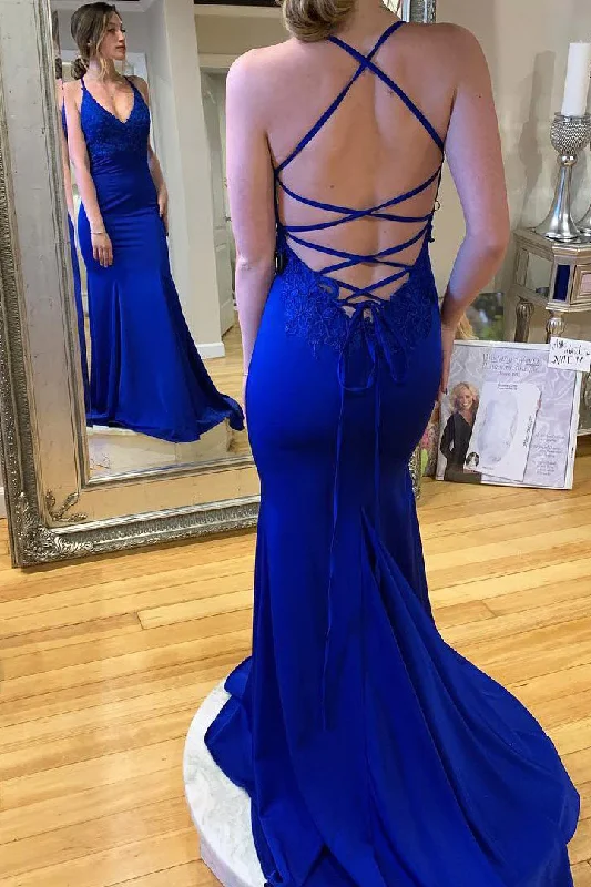 Price Meltdown trendy mini dressMermaid Lace-Up Long Royal Blue Prom Dress Y1273