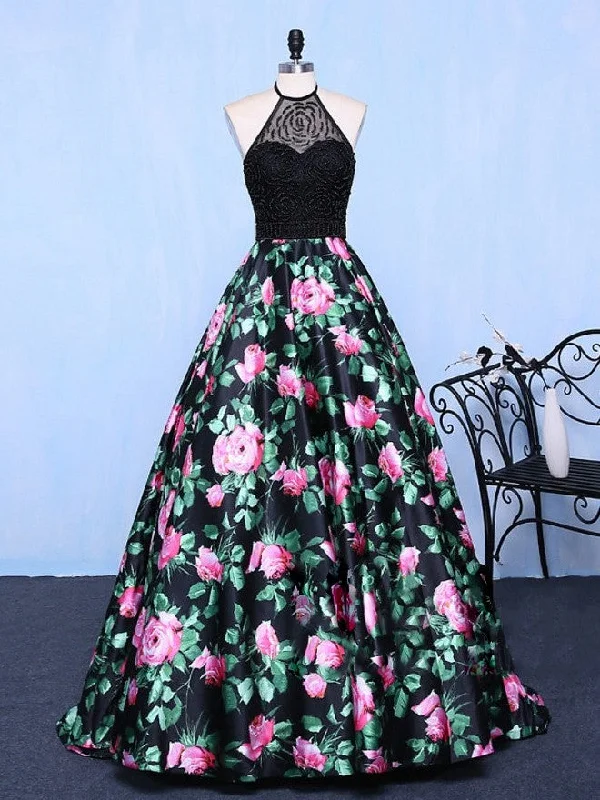 Deep Discounts Black Prom Dresses Halter Short Train Floral Print Sexy Prom Dress Evening Dress JKL649
