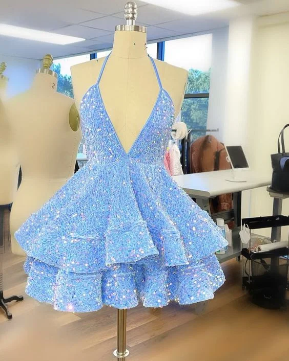 Limited Stock sophisticated dressBlue Sequin Short Party Dress Homecoming Dress Y1408