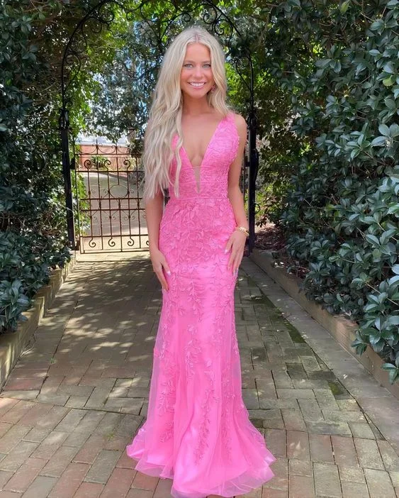 Holiday Sale office dressCharming Mermaid V Neck Hot Pink Lace Long Prom Dresses Y1028