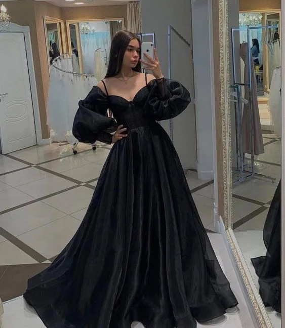 Members Only playful dressBlack Long Sleeves Prom Dresses,Black Formal Dresses,Party Dress with Train Y1027