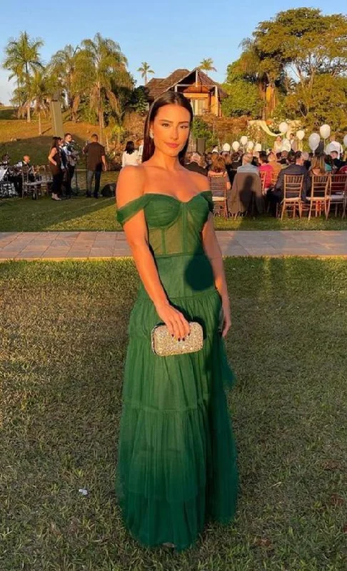 New Arrival velvet dressOff the Shoulder A Line Green Tulle Prom Dresses Y1302