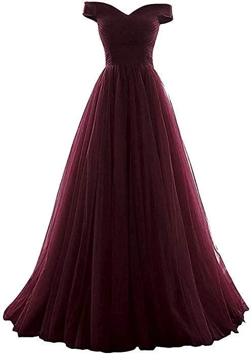 Low Prices elegant maxi dressOff The Shoulder Tulle Burgundy Long Prom Dress Y922