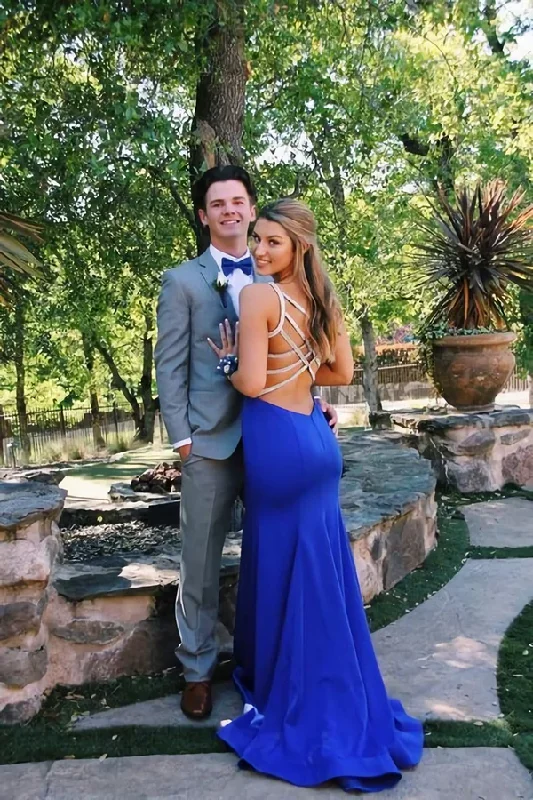 elegant evening dressElegant Mermaid Royal Blue Prom Dress With Backless Straps Y1590