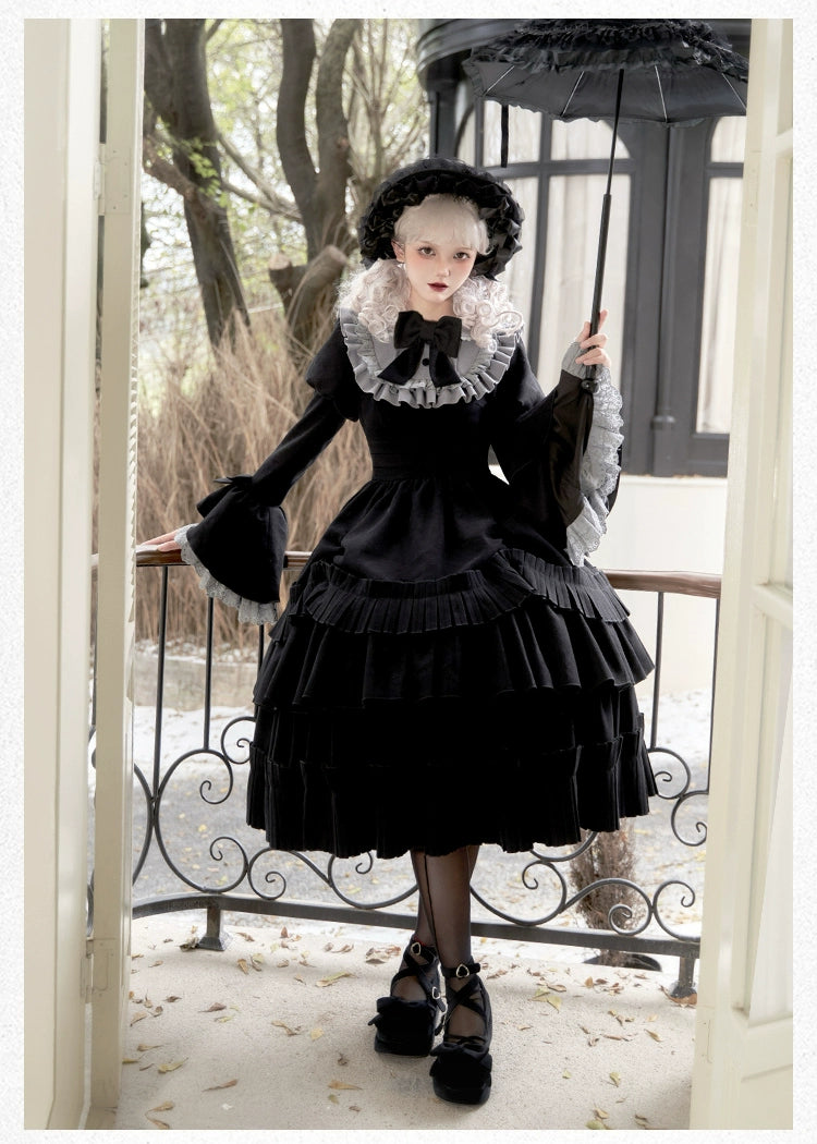Limited Time draped dressWith PUJI~Midnight Chronicles~Black Old School Lolita OP Dress with Princess Sleeve Limited Time draped dressWith PUJI~Midnight Chronicles~Black Old School Lolita OP Dress with Princess Sleeve