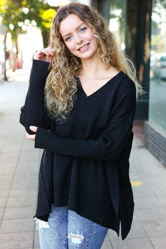Buy Now soft coatCasual Chic Black Oversized V Neck Rib Knit Sweater (Open Pack)