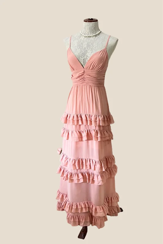 Low Prices wool dressV-Neck Peach Ruffle Hem A-line Long Dress