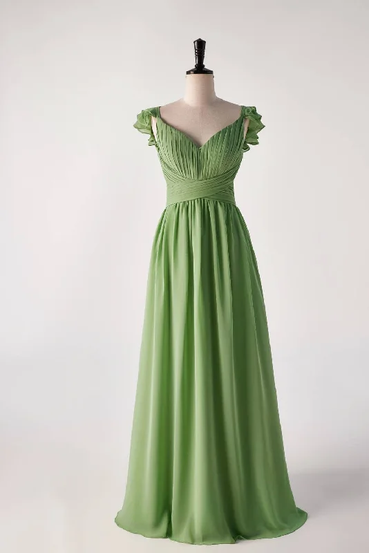 Clearance Sale boho dressFlare Straps Matcha Green Long Bridesmaid Dress