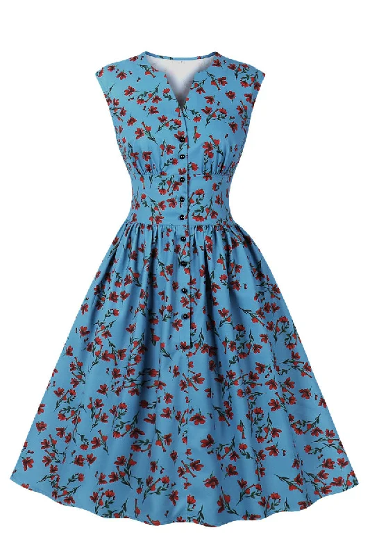 Best Deals summer floral dressBlue Floral Empire Strapless Swing Dress with Buttons