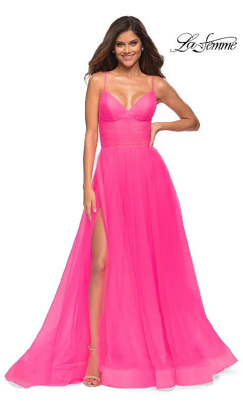 romantic dressLa Femme Neon Pink Prom Ball Gown with Pockets