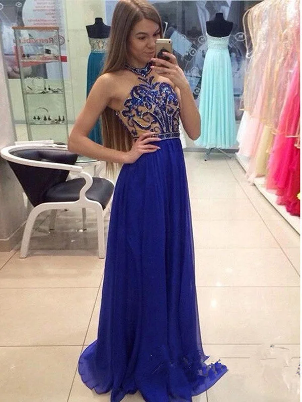 Savings Spectacular Royal Blue prom dresses A-line Halter Floor-length Chiffon Prom Dress Evening Dress MK213