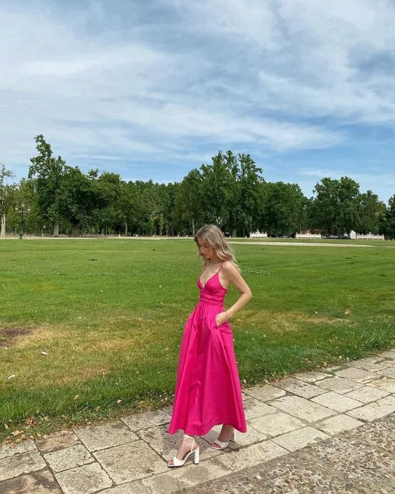 Deep Discounts satin midi dressA-line V Neck Hot Pink Prom Dress Sleeveless Formal Dress Y436 Deep Discounts satin midi dressA-line V Neck Hot Pink Prom Dress Sleeveless Formal Dress Y436