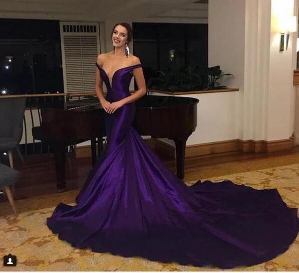 tiered dressPurple Mermaid Prom Dresses Off the Shoulder Satin Evening Formal Gowns Chapel Train Y1842