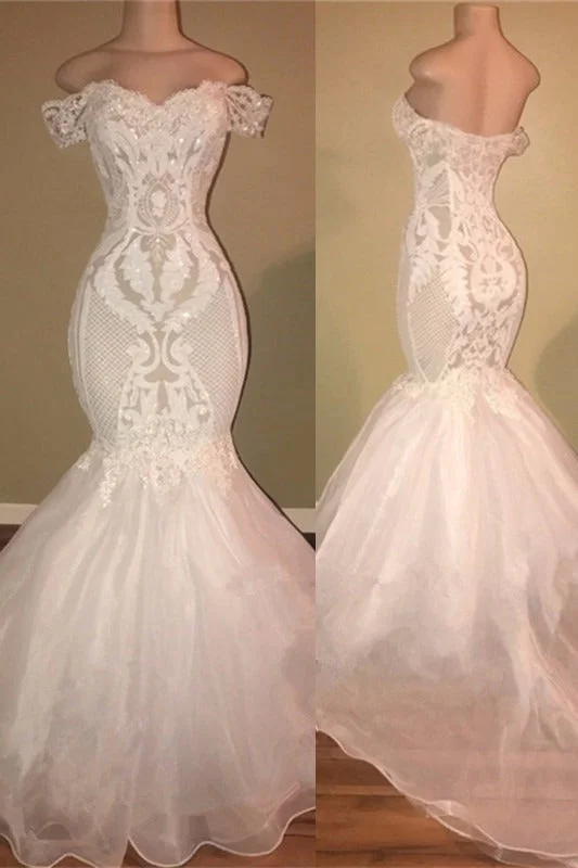 Limited Time Elegant Organza Off-the-shoulder Mermaid Wedding Dress Sequins Long Lace