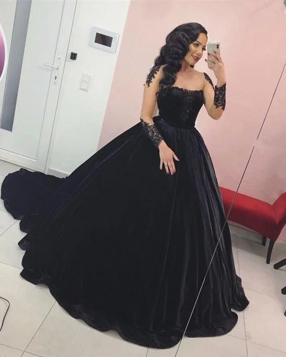 Price Blitz comfy maxi dressBlack velvet wedding dresses ball gown lace appliques long sleeves for bride Y1151