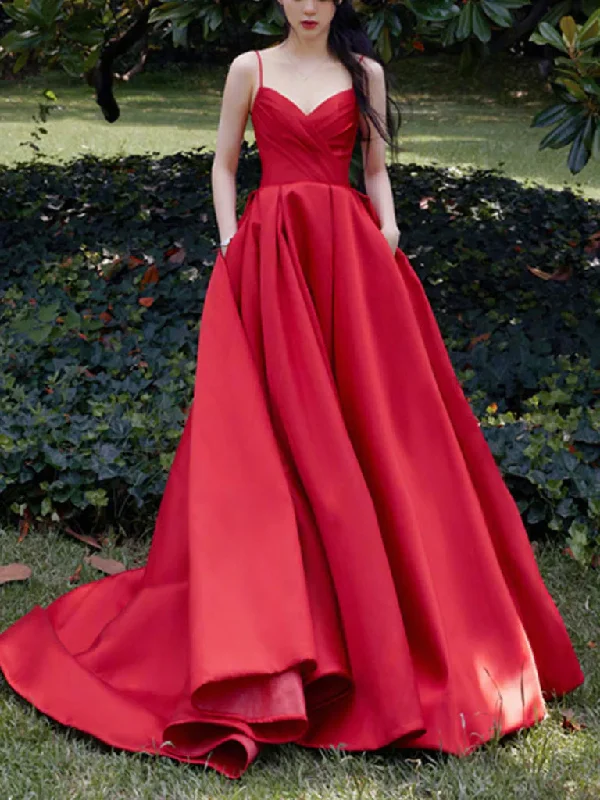 New Deals midi dressSpaghetti Straps V Neck Red Satin Prom Dresses, Red V Neck Satin Long Formal Graduation Dresses Y231