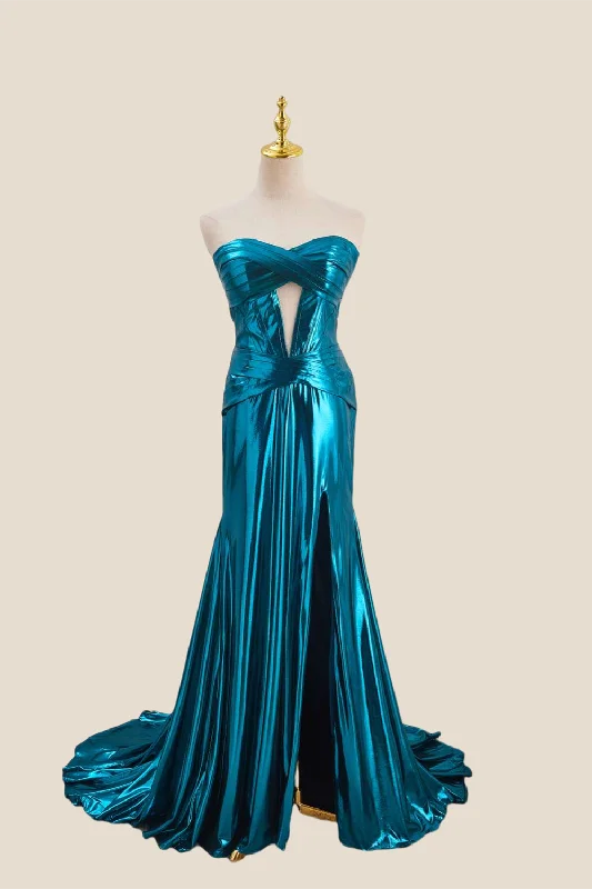 Fantastic Offers draped dressStrapless Blue Metallic Long Dress with Keyhole