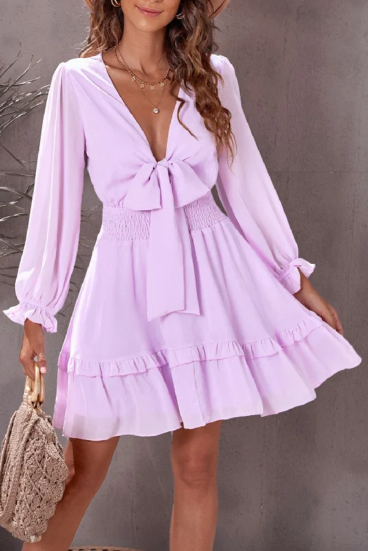 Crazy Deals Deep V Neck Lantern Sleeve Knotted Tiered Mini Dress