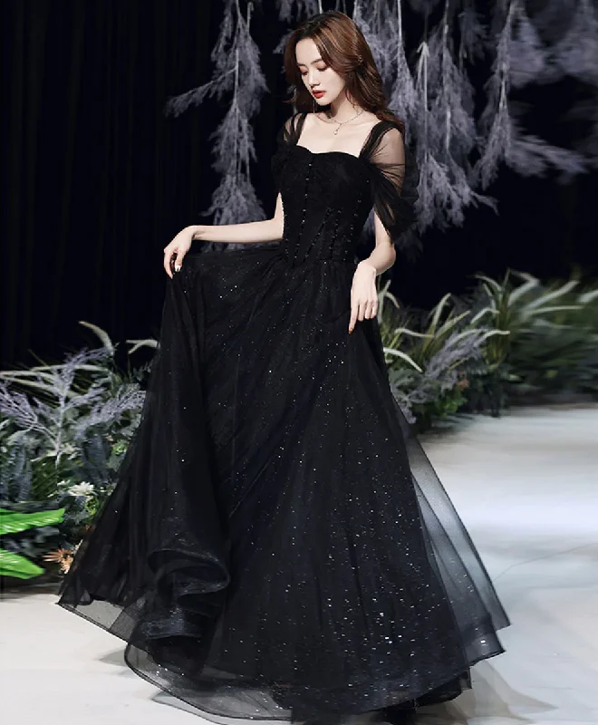 Savings Event stylish dressBlack Tulle Off Shoulder Long Prom Dress, Black Formal Graduation Dresses Y1131